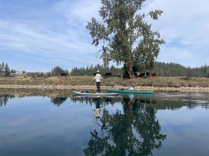 Individuals paddleboarding and kayaking on the CDA River