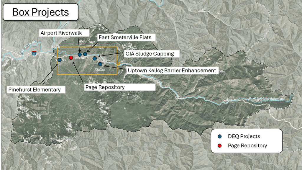 Map showing the location of the following Department of Environmental Quality projects: Airport Riverwalk, CIA Sludge Capping, East Smelterville Flats, Pinehurst Elementary, and Uptown Kellogg Barrier Enhancement. The Page Repository is also highlighted.