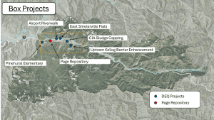 Map showing the location of the following Department of Environmental Quality projects: Airport Riverwalk, CIA Sludge Capping, East Smelterville Flats, Pinehurst Elementary, and Uptown Kellogg Barrier Enhancement. The Page Repository is also highlighted.