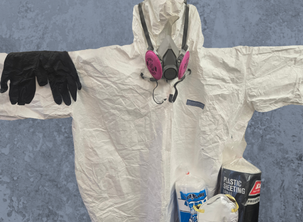 An image of a Tyvek suit, disposable gloves, a respirator, a face mask, and plastic sheeting